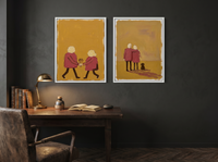 Couple Holding Hands & Couple at Dusk — Set of 2 Original Oils, Mustard & Rose — original hand-painted oil shown on the wall in a styled room