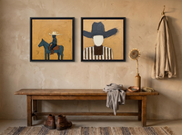 Rider & Cowboy — Set of 2 Original Oils, Golden Ochre & Slate Blue — original hand-painted oil shown on the wall in a styled room