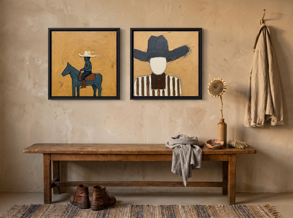 Rider & Cowboy — Set of 2 Original Oils, Golden Ochre & Slate Blue