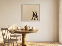 Couple Walking Together Wall Art — Original Oil, Brown & Cream — original hand-painted oil shown on the wall in a styled room