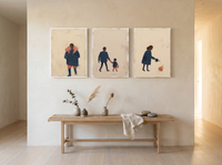 Quiet Tending Triptych — 3 Original Oils, Indigo & Coral — original hand-painted oil shown on the wall in a styled room