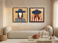 Cowgirls Turning Toward Each Other — Set of 2 Original Oils, Navy & Vermilion — original hand-painted oil shown on the wall in a styled room