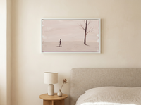 Lone Walker & Bare Tree Wide Wall Art — Original Palette-Knife Oil, Mauve & Rose-Brown — original hand-painted oil shown on the wall in a styled room