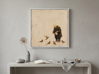 Old Man Feeding Pigeons Wall Art — Original Palette-Knife Oil, Chocolate & Cream — original hand-painted oil shown on the wall in a styled room