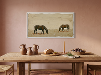 Two Grazing Horses Wide Wall Art — Original Palette-Knife Oil, Olive & Cream — original hand-painted oil shown on the wall in a styled room