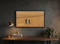 Two Figures on a Beach Wide Wall Art — Original Oil, Golden Ochre & Navy — original hand-painted oil shown on the wall in a styled room