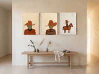 Western Family Triptych — 3 Original Oils, Rust & Olive — original hand-painted oil shown on the wall in a styled room