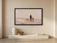 Father, Child and Dog Walking Wide Wall Art — Original Oil Landscape, Mauve & Rose-Brown — original hand-painted oil shown on the wall in a styled room