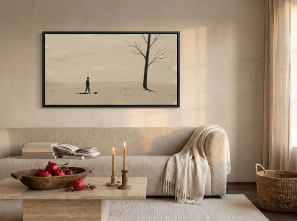 Lone Walker & Bare Tree Wide Wall Art — Original Palette-Knife Oil, Olive & Oxblood