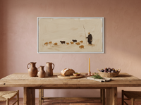 Shepherd and Flock Wide Wall Art — Original Oil Landscape, Chocolate & Rust — original hand-painted oil shown on the wall in a styled room