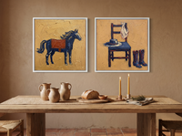 Horse & Cowboy Gear — Set of 2 Original Oils, Navy & Vermilion — original hand-painted oil shown on the wall in a styled room