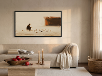 Pigeon Feeder Wide Wall Art — Original Oil, Cream & Rust — original hand-painted oil shown on the wall in a styled room