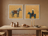 Standing Horse & Small Rider — Set of 2 Original Oils, Blue-Grey & Ochre — original hand-painted oil shown on the wall in a styled room