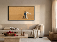 Wedding Couple & Dog Wide Wall Art — Original Palette-Knife Oil, Golden Ochre & Navy — original hand-painted oil shown on the wall in a styled room