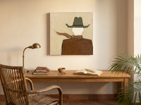 Cowboy from Behind Wall Art — Original Palette-Knife Oil, Olive & Caramel — original hand-painted oil shown on the wall in a styled room