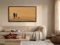Couple Walking a Dog Wide Wall Art — Original Palette-Knife Oil, Golden Ochre & Navy — original hand-painted oil shown on the wall in a styled room