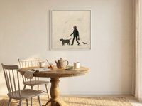 Dog Walker Wall Art — Original Palette-Knife Oil, Olive & Oxblood — original hand-painted oil shown on the wall in a styled room