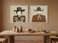 Cowboy Pair, Gingham & Floral — Set of 2 Original Oils, Olive & Caramel — original hand-painted oil shown on the wall in a styled room