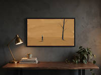 Lone Walker & Bare Tree Wide Wall Art — Original Palette-Knife Oil, Golden Ochre & Navy — original hand-painted oil shown on the wall in a styled room