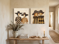 Women in Wide-Brim Hats — Set of 2 Original Oils, Chocolate & Tan — original hand-painted oil shown on the wall in a styled room