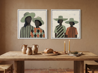 Women in Hats, Two Pairs — Set of 2 Original Oils, Sage & Terracotta — original hand-painted oil shown on the wall in a styled room