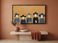 Row of Five Hatted Figures Wide Wall Art — Original Palette-Knife Oil, Slate Navy & Golden Ochre — original hand-painted oil shown on the wall in a styled room