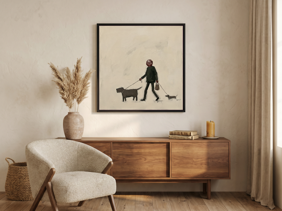 Dog Walker Wall Art — Original Palette-Knife Oil, Olive & Oxblood