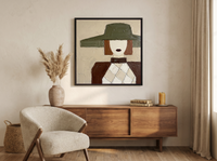 Lady in an Olive Hat Wall Art — Original Palette-Knife Oil, Olive & Oxblood — original hand-painted oil shown on the wall in a styled room