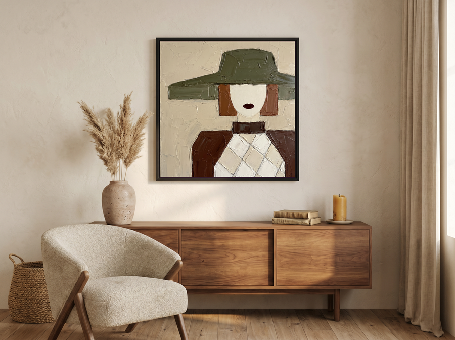 Lady in an Olive Hat Wall Art — Original Palette-Knife Oil, Olive & Oxblood
