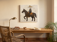 Cowboy on Horseback Wall Art — Original Palette-Knife Oil, Brown & Ochre — original hand-painted oil shown on the wall in a styled room