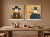 Cowboy Pair, Front & Back — Set of 2 Original Oils, Ochre & Slate Blue — original hand-painted oil shown on the wall in a styled room