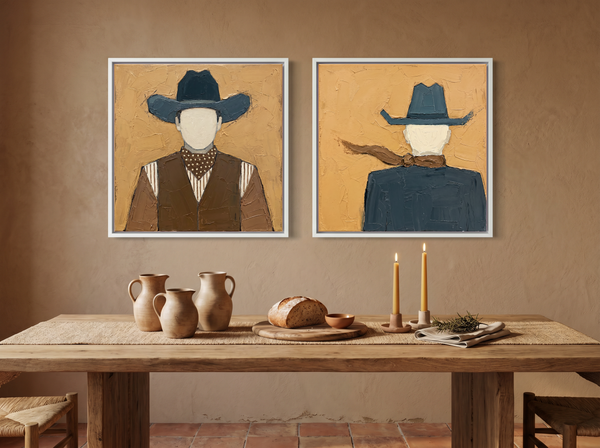 Cowboy Pair, Front & Back — Set of 2 Original Oils, Ochre & Slate Blue