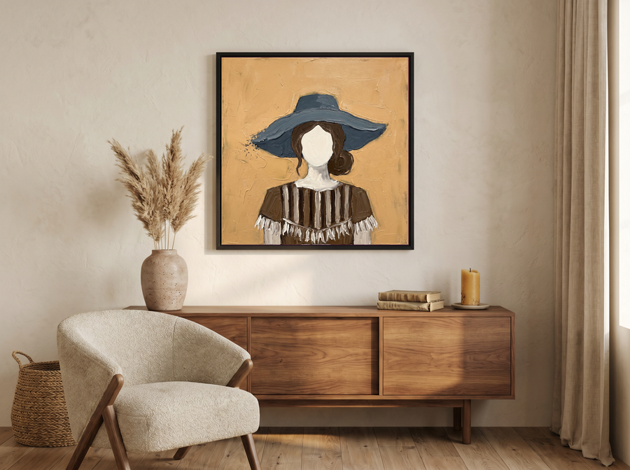 Woman in a Floppy Hat Wall Art — Original Palette-Knife Oil, Ochre & Navy