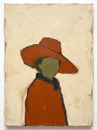 Oil painting of a woman in a burnt-orange wide-brim hat with a featureless olive face and a rust and charcoal top, on a cream ground.