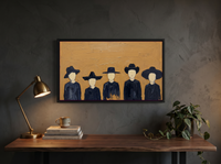Row of Five Hatted Figures Wide Wall Art — Original Palette-Knife Oil, Navy & Mustard Ochre — original hand-painted oil shown on the wall in a styled room