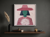 Lady with a Bouquet Wall Art — Original Palette-Knife Oil, Rose & Emerald — original hand-painted oil shown on the wall in a styled room