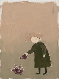 Oil painting of a figure in a moss-green coat holding a pale lamb close to the shoulder, on a soft taupe ground.