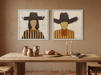 Cowgirl and Cowboy — Set of 2 Original Oils, Chocolate & Rust — original hand-painted oil shown on the wall in a styled room