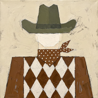 Oil painting of a faceless cowboy in an olive-green hat with a cream face, sienna neckerchief and sienna-and-cream striped shirt, on a cream ground.