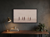 Five Walkers Wide Wall Art — Original Oil Landscape, Mauve & Rose-Brown — original hand-painted oil shown on the wall in a styled room