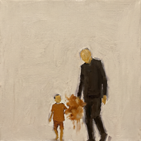 Original oil painting of a man in a dark chocolate coat with a gold blob head walking beside a small child in rust, their joined hands a ginger smudge, on a cream ground