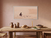 Pigeon Feeder at Dawn Wide Wall Art — Original Oil, Mauve & Rose — original hand-painted oil shown on the wall in a styled room
