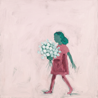 Original oil painting of a girl in a rose-pink dress with emerald-green head and arms carrying a round bunch of pale mint-white flowers, on a blush-pink ground
