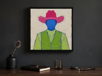 Cowboy in a Vest Wall Art — Original Palette-Knife Oil, Raspberry & Lime — original hand-painted oil shown on the wall in a styled room