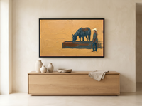 Cowgirl and Horse at the Trough Wide Wall Art — Original Palette-Knife Oil, Golden Ochre & Navy — original hand-painted oil shown on the wall in a styled room
