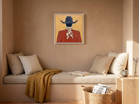 Cowboy from Behind Wall Art — Original Palette-Knife Oil, Navy & Rust — original hand-painted oil shown on the wall in a styled room