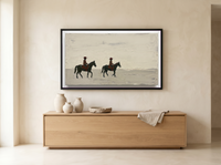 Two Riders at Dusk Wide Canvas — Original Palette-Knife Oil, Oxblood & Grey — original hand-painted oil shown on the wall in a styled room