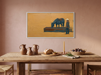 Cowgirl and Horse at the Trough Wide Wall Art — Original Palette-Knife Oil, Golden Ochre & Navy — original hand-painted oil shown on the wall in a styled room