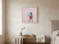 Girl with a Bouquet Wall Art — Original Palette-Knife Oil, Pink & Emerald — original hand-painted oil shown on the wall in a styled room