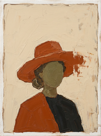 Oil painting of a woman in a burnt-orange wide-brim hat with a featureless olive face and a rust and charcoal top, on a cream ground.